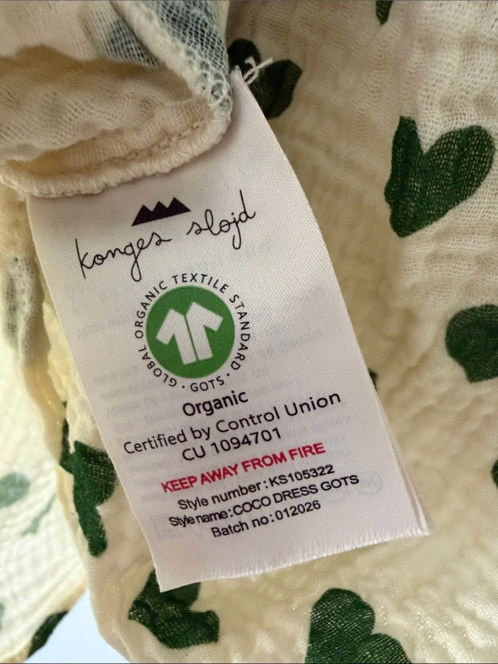 Konges Slojd Girls Cream Dress with Green Heart Print - Ruffled Sleeves Size 3Y